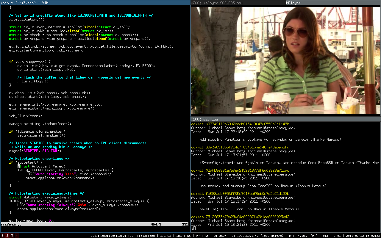 i3 avec vim, mplayer et git